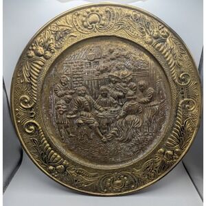 Vintage Brass Wall Hanging Plate Embossed Dining Scene Ornate 14" England READ